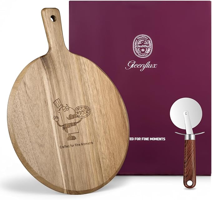 12" Acacia Wood Charcuterie & Pizza Serving Board Set with Pizza Cutter, Rustic Wooden Board for Cheese, Appetizers & Entertaining, Thoughtful Housewarming Gift