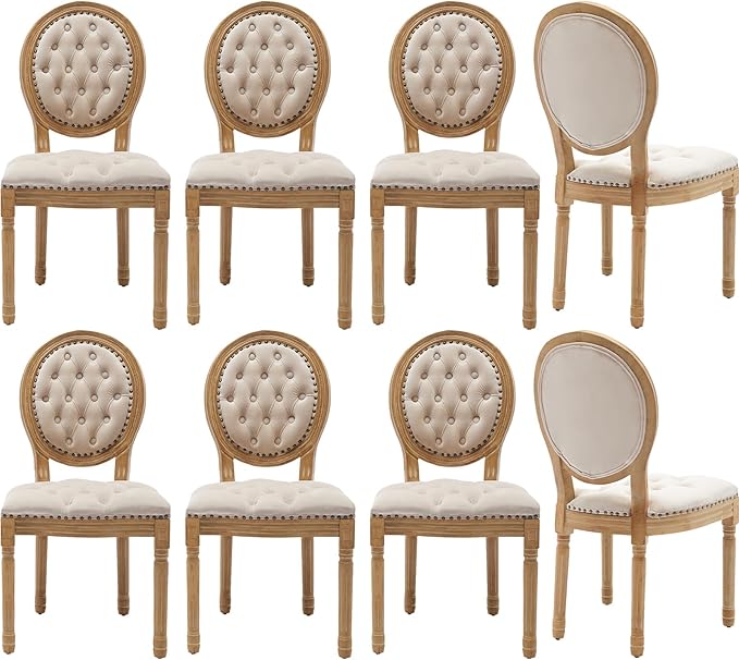 Vintage French Dining Chairs Set of 8, Round Back Velvet Upholstered Accent Chairs with Nailhead Trim and Solid Wood Frame, Elegant Sillas de Comedor for Dining Room & Kitchen, Beige