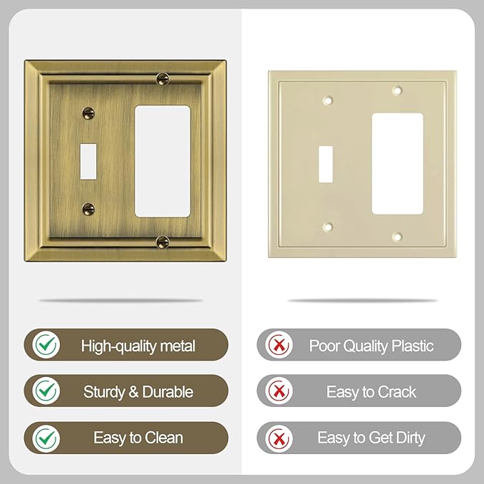 Metal Wall Plate for Electrical Outlets, Decorative Antique Brass Switch Plates Outlet Cover, Light Switch Cover Plate, 2-Gang Wall Plates (Toggle/Decorator, 2 Pack)