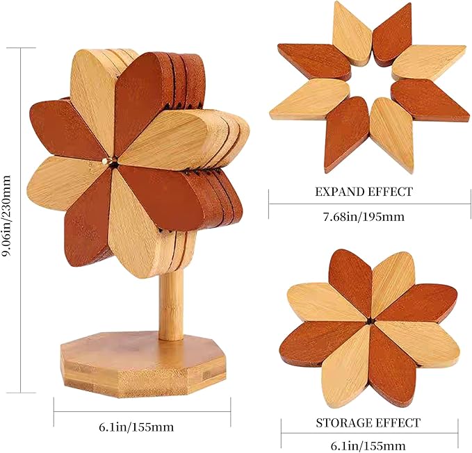 Wooden Tree Coaster, Trivet for hot Dishes, Trivet for hot Pot and Flat Bottomed pan, Wooden Windmill Cup Holder -3 or 4 or 5 Wooden mats+1 Bracket(Windmill placemats 4 pcs)