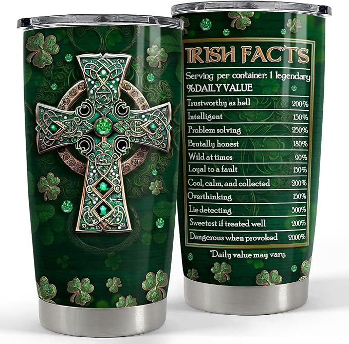 SANDJEST Irish Tumbler 20oz Irish Facts Celtic Cross Stainless Steel Tumbler by SANDJEST