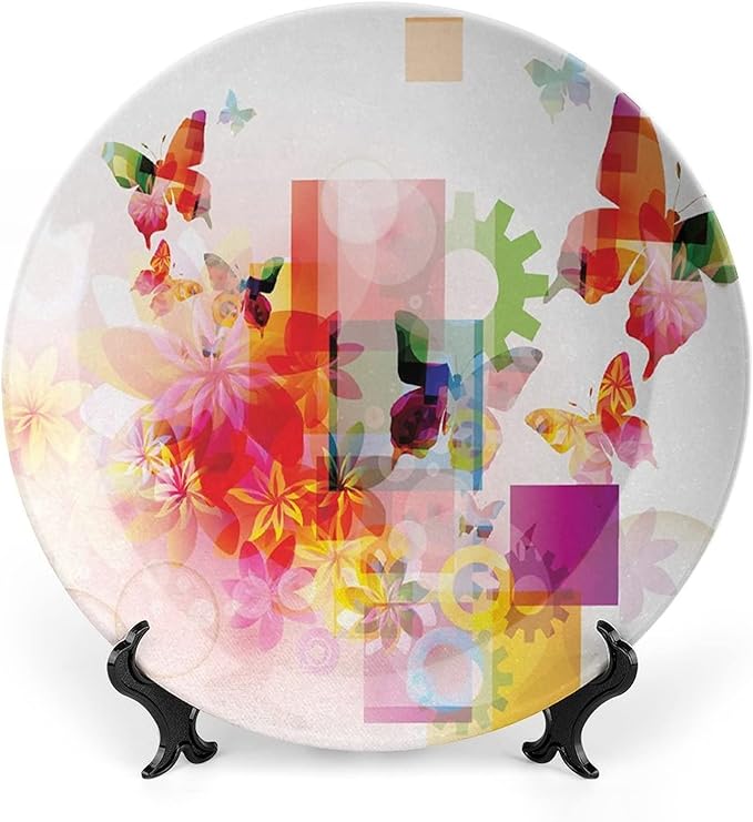 Decorative Plates, Abstract Print Ornament, Natural Design Flowers Leaves Squares Rounds, 6 Inch, Kitchen Wall Decor, Multicolor