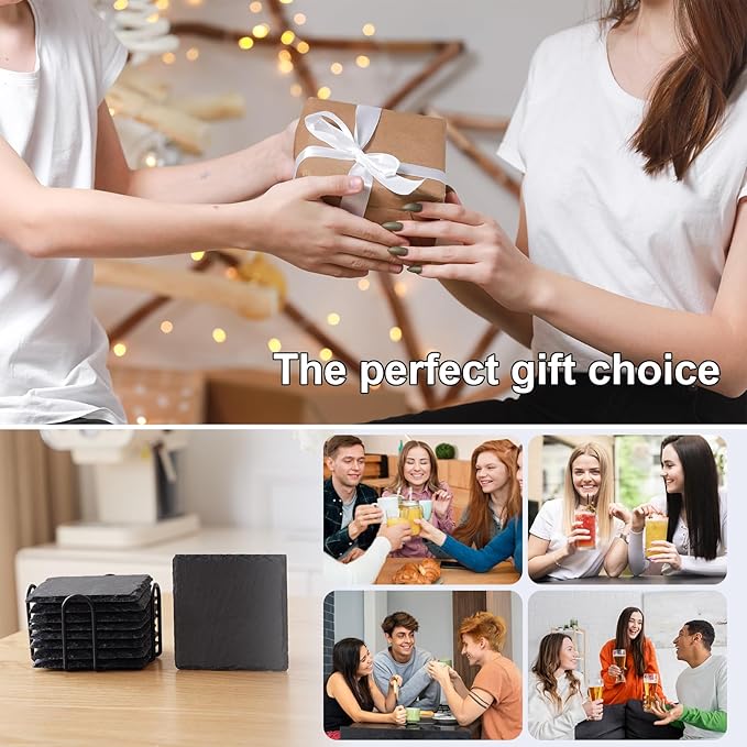 Slate Coasters Set of 6,4-Inch Black Square Stone Drink Coasters with Scratch-Resistant Backing,Durable Tabletop Protection for Home Office Kitchen,Ideal Housewarming Wedding Gifts