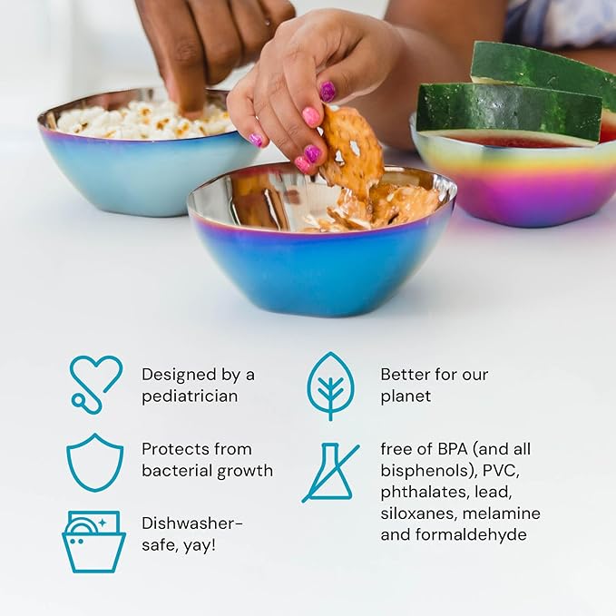 Ahimsa Stainless Steel Kids Bowl, Durable Pediatrician Designed Toddler Snack Bowls, 12oz, Premium Non Toxic Metal, Easy to Clean & Dishwasher Safe, Blue
