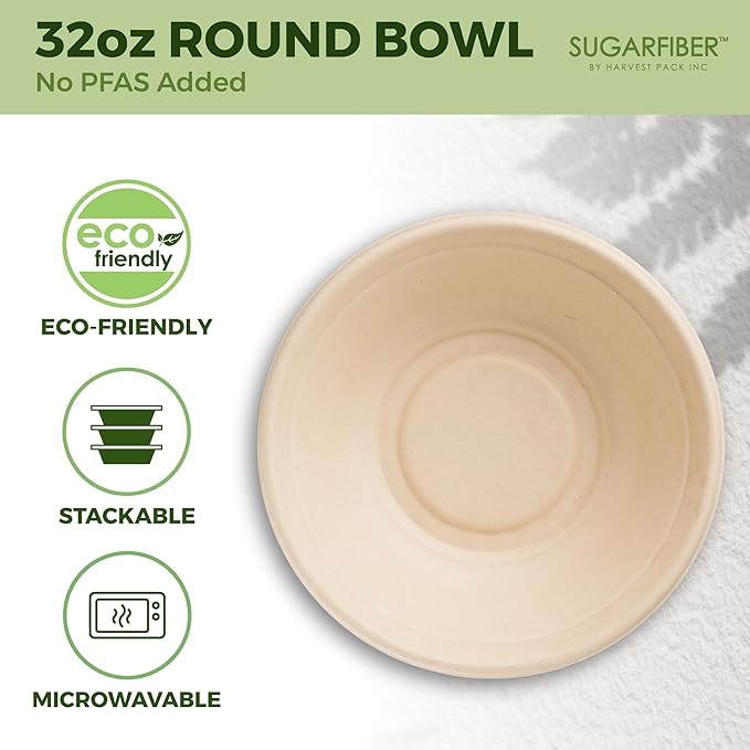 [500 COUNT]Harvest Pack PFAS FREE 32oz Compostable Round Paper Bowls, Heavy-Duty Eco-Friendly Disposable Bagasse Large Soup Bowls, sugarcane made for Meal Prep Takeout Dinnerware, Microwave Safe
