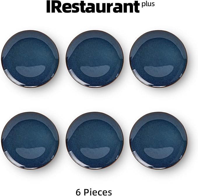 Organic Shape Highland Ceramic Salad plates, 6pcs 8 Inch Handmade Reactive Glaze Dinnerware Sets with Wavy Edge, for Kitchen, Microwave & Dishwasher Safe, Scratch Resistant-Blue
