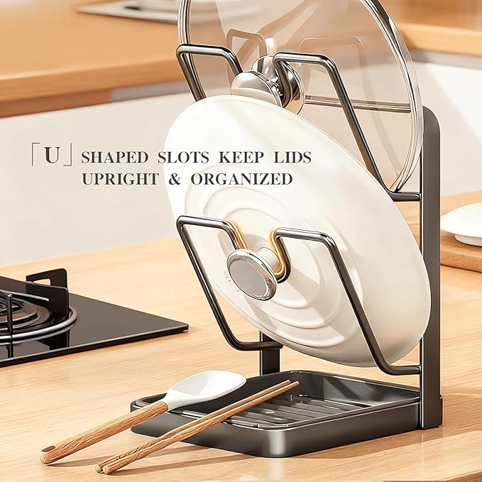 Double Layer Kitchen Pot Lid Storage Rack, Stainless Steel Pot Lid Holder While Cooking & Spoon Rest, Multifunctional Pot Lid Organizer with Removable Drip Tray for Countertop