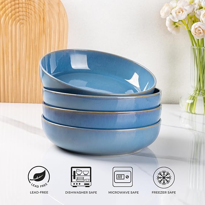 GBHOME 8.75'' Large Ceramic Pasta Bowls, 38oz Stoneware Pasta Serving Bowls Set of 4 for Kitchen, Wide Bowls for Fruit,Pasta,Salad,Oatmeal,Meal, Microwave Safe, Reactive Glaze-Alaskan Blue