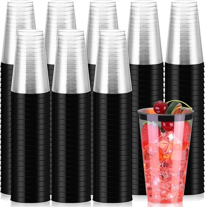 Patelai 100 Pcs 16oz Plastic Cups Disposable Rimmed Cups Heavy Duty Drinking Wine Glasses for Christmas Winter Birthday Beer Taste Serving Snack Sample Tastings Barbecues Picnic(Black)