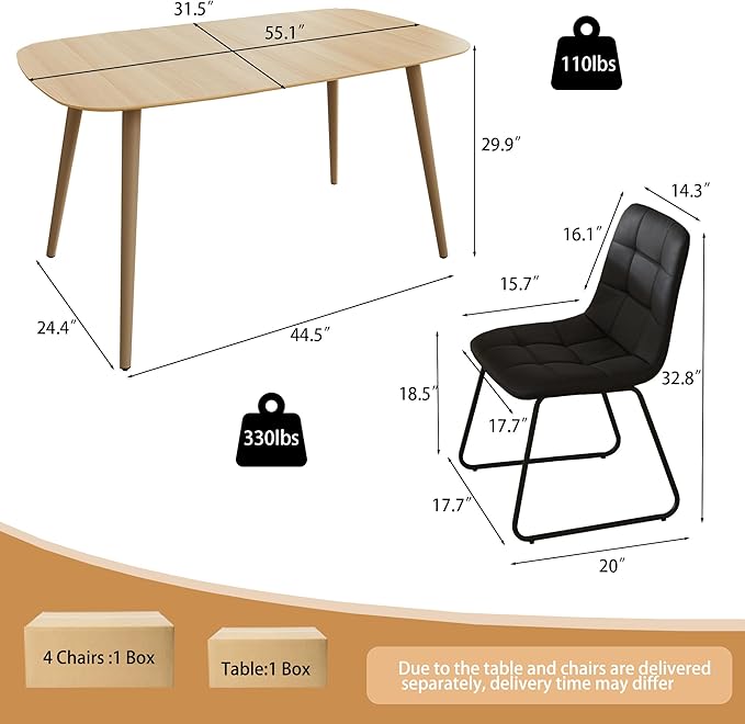 55 Inch Modern Wood Dining Table Set for 4 with Black Leather Chairs - Kitchen & Dining Room Furniture, Gray Table & 4 Seater Chairs Set (55.1")