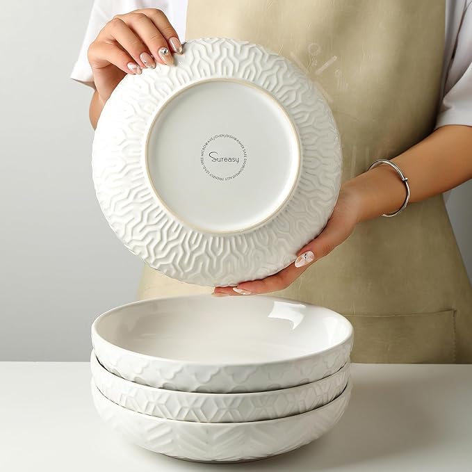 Sureasy Pasta Bowls Set of 4-30oz Large Ceramic Embossed Bowl Plates, 8.5 Inch Wide and Shallow Plate Bowls, Salad Bowl, Microwave, Oven & Dishwasher Safe, White