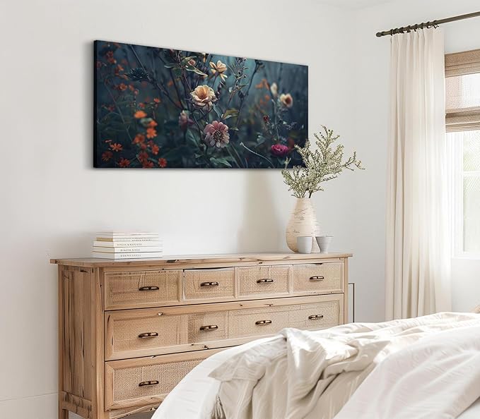 ADJUVANT Wall Art Impressionist Floral 48"L x 24"W, Dark Toned Blossoms With Lush Foliage Canvas Painting Enchanting Flowers Artwork Prints Floral Wall Decor for Living Room Bedroom Study Home Office
