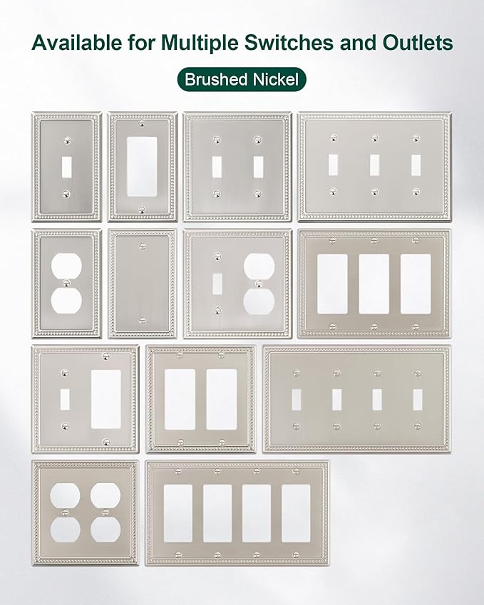 2-Pack Single Toggle Light Switch Cover Plate, Pearls Decorative Switch Plate Covers, Brushed Nickel 1 Gang Metal Wall Plate