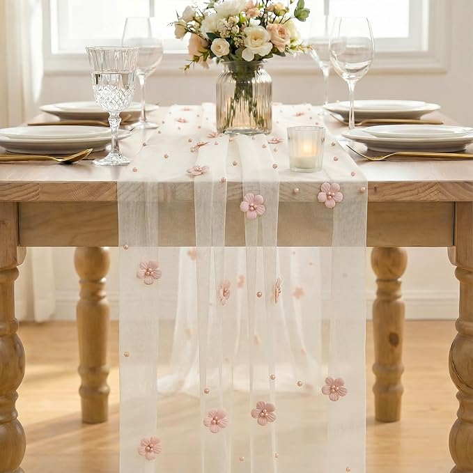 Artoid Mode Pink Flower Pearl White Gauze Table Runner 10FT 6PC, Seasonal Sheer - Image 2