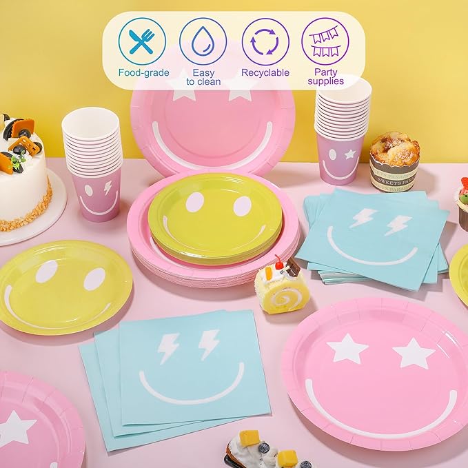 Kochorie 96 Piece Preppy Smiley Face Party Paper Plates Preppy Smile Face Party Decorations Preppy Tableware Set Paper Smile Face Plates Cups Napkins Cutlery Serve 24 Guest for Birthday or Baby Shower