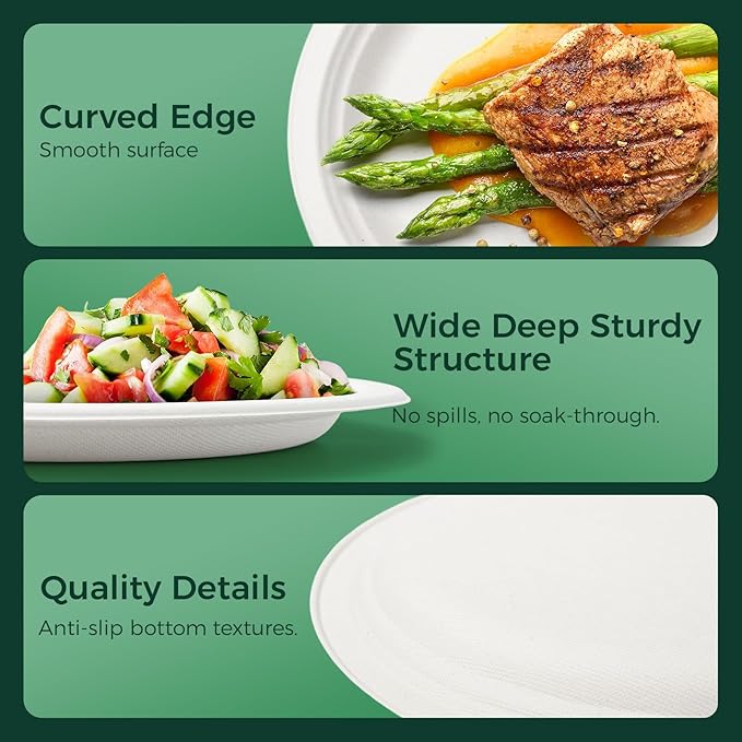 100% Compostable 9 inch Paper Plates, [125-Pack] Disposable Party Plates, (BPI Certified)-Heavy Duty, Eco-Friendly Dinner Paper Plates, Biodegradable Sugarcane Plates, white
