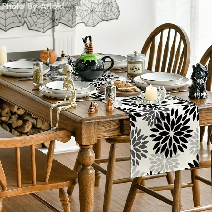 Artoid Mode Black Dahlia Floral Pinnata Halloween Table Runner, Fall Autumn - Image 4