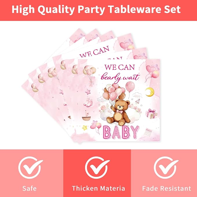 96 Pcs We Can Bearly Wait Baby Shower Decorations, Bear Tableware Set | - Image 4
