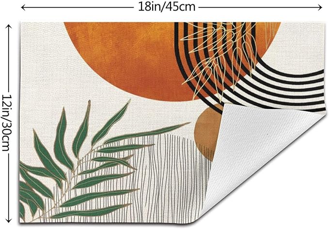 Mid Century Placemats 12x18 Inches Set of 4, Modern Boho Green Orange Tropical Leaf Decorative Rectangle Table Mats for Party, Home Kitchen,Dining Table Decoration
