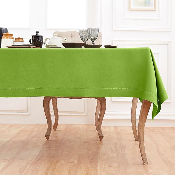 Solino Home Linen Tablecloth for Rectangle Tables 60 x 108 Inch - Classic Hemstitch 100% Pure Linen Lime Green Table Cloth - Machine Washable Cloth Tablecloth for Spring, St Patricks Day, Easter