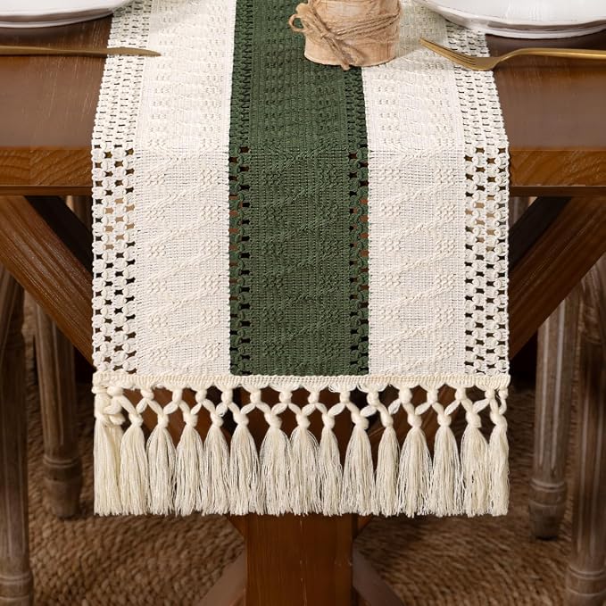 DeZerlor Ivory&Olive Green Boho Macrame Farmhouse Woven Table Runner 60Inch | by DeZerlor