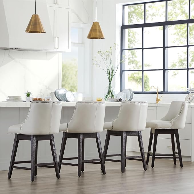 CHITA Counter Height Swivel Bar Stools Set of 4, FSC Certified Upholstered Counter Stools, Modern Swivel Barstools with Wood Legs for Kitchen Island, 26" Seat Height, Faux Leather in Creamy Grey