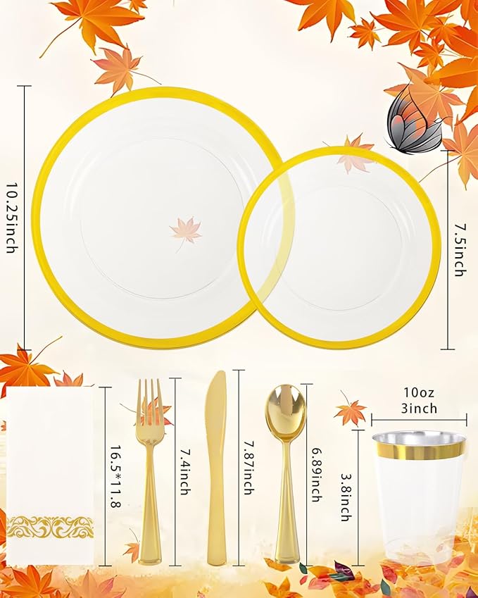 YOUBET 210PCS Gold Plastic Plates - Heavy Duty Clear Gold Disposable Plates Includes 30 Dinner Plate, 30 Dessert Plate, 30 Gold Cups, 30 Napkins for Party & Wedding