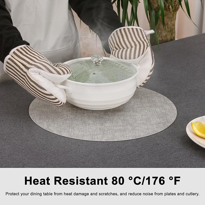 Myir JUN Reversible Vinyl Round Placemats Set of 8, Faux Leather Place Mats Dual Sided Waterproof Oilproof Wipeable, Heat-Resistant Table Mats for Kitchen Dining Indoor Outdoor (14", Light Gray Beige)