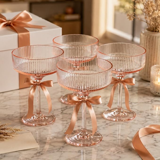 Khen Pink Peach Acrylic Ribbed Coupe Martini Champagne Cocktail Glasses - Image 7