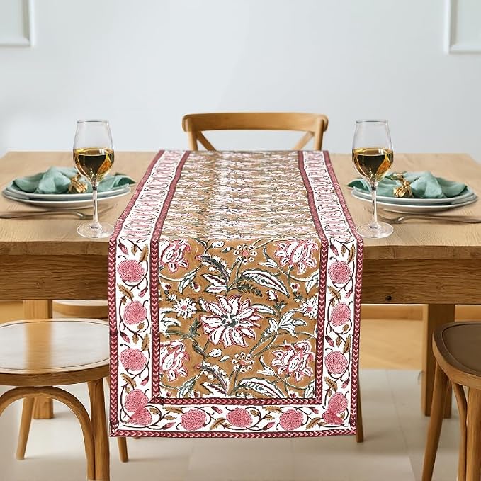 Biscotti Yellow Fabric Hand Block Print 100% Cotton Reusable Table Runner 16" X by Ridhi