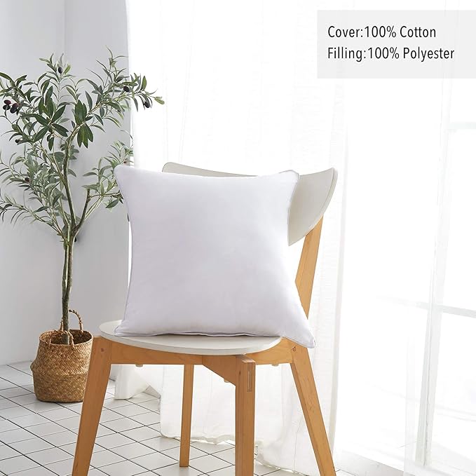 Oubonun 20 x 20 Throw Pillow Inserts (Set of 2) with 100% Cotton Cover - 20 Inch Square Interior Decorative Sofa Pillow Insert Pair - White Couch Pillow