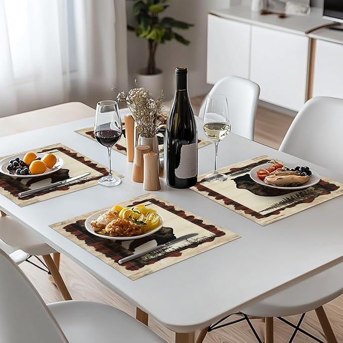 Bear Placemats Set of 4, Farmhouse Cabin Place Mats, Country Rustic Wild Animal Waterproof Washable Table Mats for Home Party Indoor Kitchen Dining Table Decoration 12x18 Inch