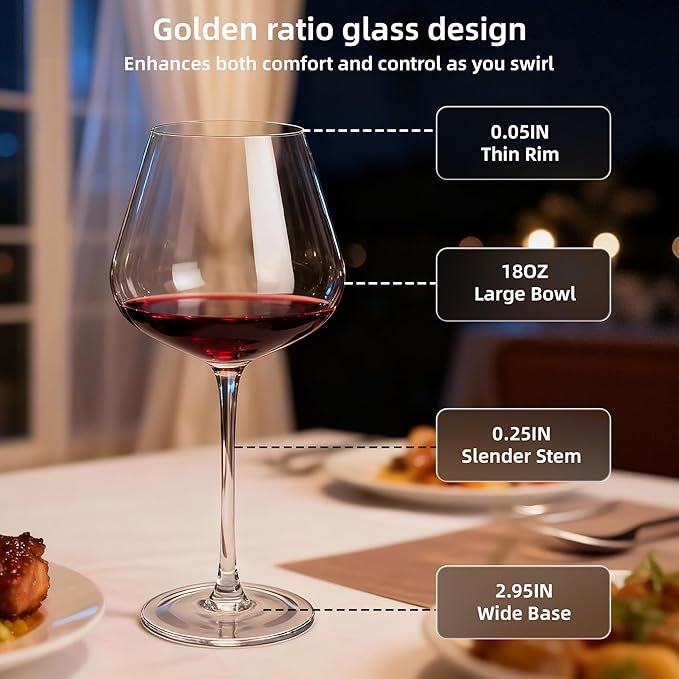 Wine Glasses Set of 4, 18OZ Large Crystal Red Wine Glasses, Hand Blown Vintage Wine Glasses with Thin Rim, Large Bowl, Long Stem, Gifts for Wedding, Valentine's Day, Housewarming, Birthday