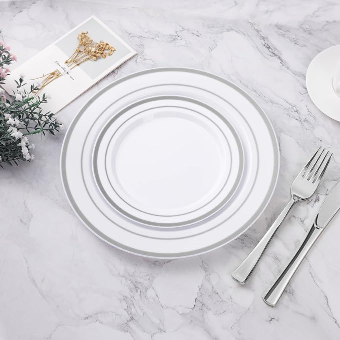 BESTVIP 50Pcs Silver Plastic Plates, 10.25 Inch Disposable Party Plates | Heavy - Image 5