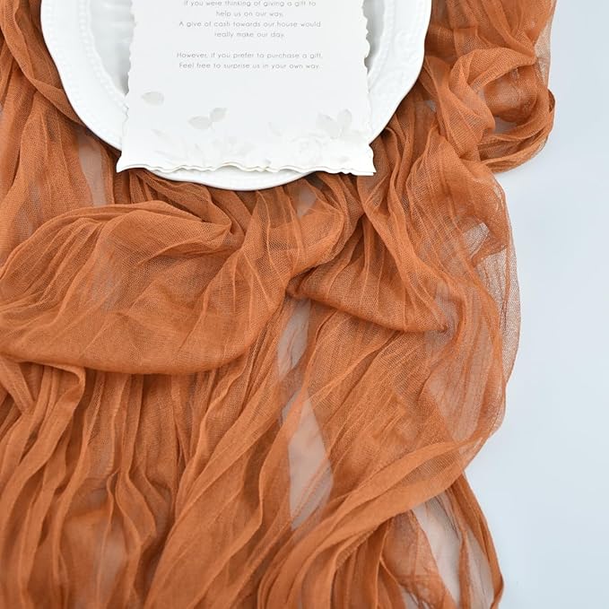 Joanlody Terracotta Cheesecloth Table Runner Spring Easter 10Ft Rustic Gauze Boho Cheese Cloth Table Runner for Wedding Bridal Baby Shower Decoration