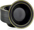JOLLY PARTY 100PCS Black Plastic Bowls with Gold Rim-12oz Disposable Soup Bowls, Christmas Thanksgiving Premium Dessert Salad Bowls for Wedding/Party/Halloween