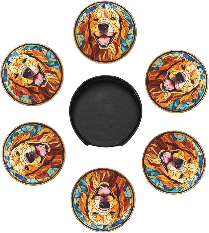 Drink Coaster Set of 6, Golden Retriever Dog Mom Lover Gift,Leather Drink Coasters with Holder,6 Pack Cup/Bar/Drink Coasters for Table/Drinks/Coffee Protection Housewarming Gift