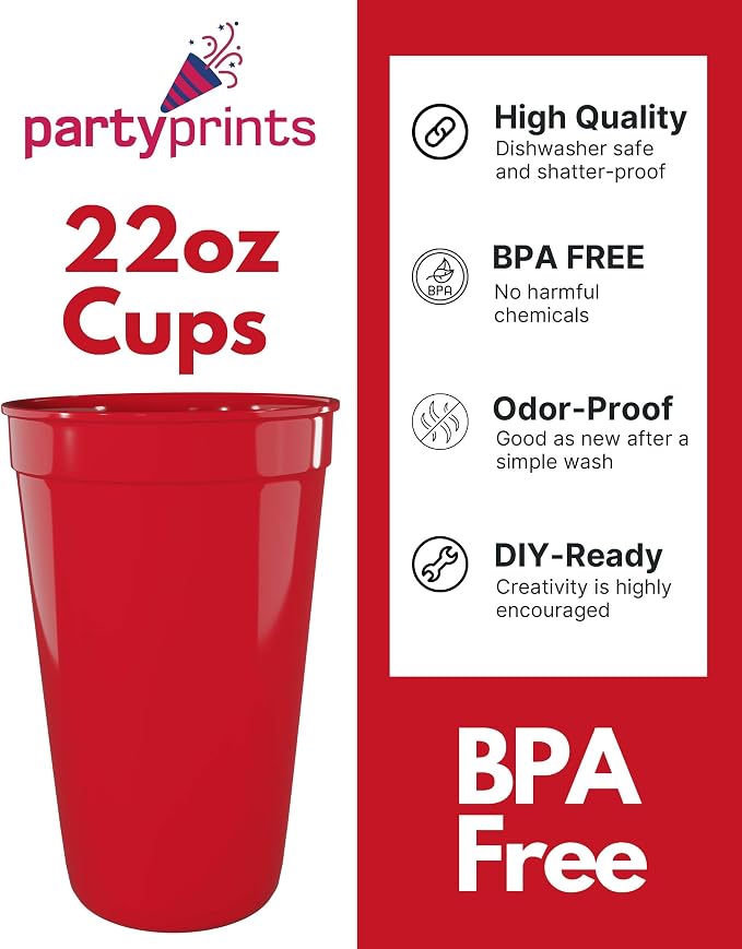 PartyPrints 100 Pack 22 oz Red Reusable Blank Plastic Cups, Colored Plastic - Image 2