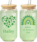 Mason Life St Patrick's Day Personalized Glass Tumbler, Print 2 Sides 18 OZ Cute Glass Cup with Lid and Straw, Lucky Clover Beer Can Glass, Personalized St.Patrick's Day Gift