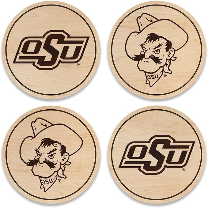 LazerEdge Oklahoma State Cowboys Wooden Coaster Set - Maple Wood - Officially Licensed Product - 4-Pack