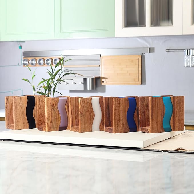 Acacia wood & Transparent Epoxy resin Napkin holder for table, Rustic farmhouse napkin organisation for kitchen, dining, counter tops, restaurant or outdoors | 6x5x2.5 inches|(Black)