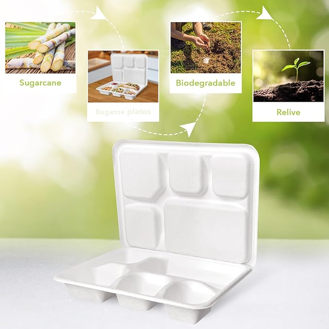 three leaf 5 COMPARTMENT MEAL TRAY WITH LID SET, 125 SETS. Heavy-Duty- Super Strong- Natural- Eco-Friendly Disposable Bagasse Tray with Lid, 100% Biodegradable Plates