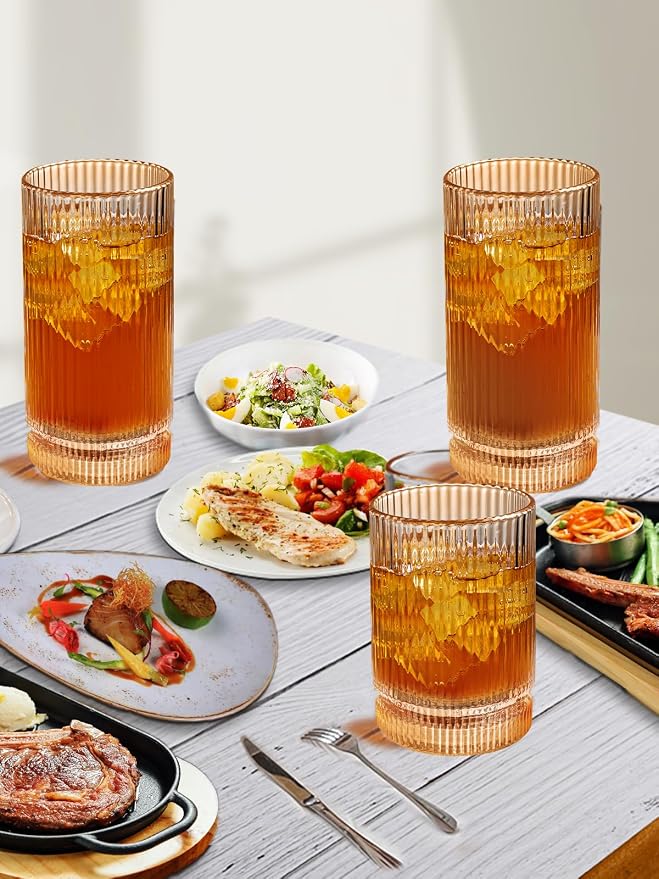 Ribbed Glassware Vintage Drinking Glasses 12Pcs Set （6 Highball Glasses 16Oz - Image 5