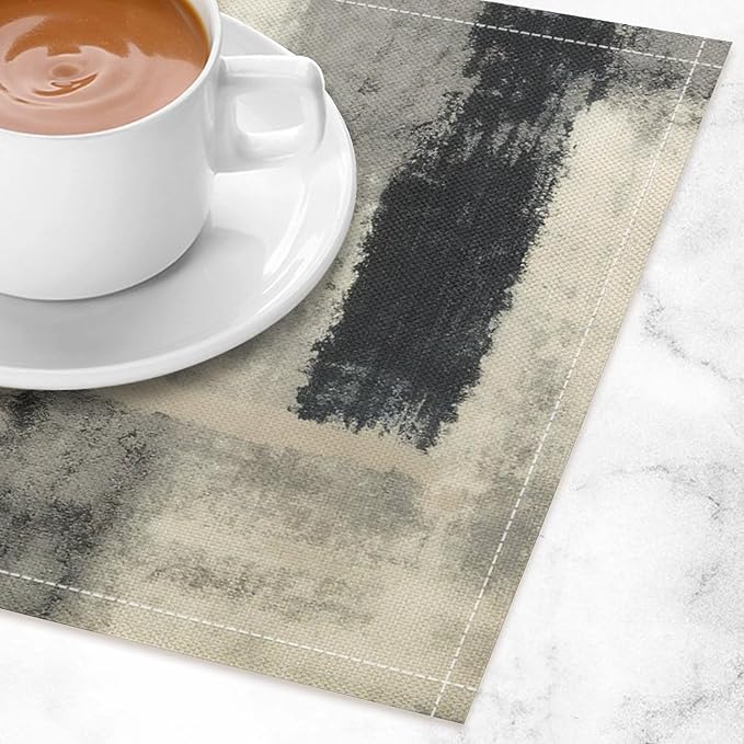 Gradient Placemat Set, Modern Minimal Fashion Abstract Beige Grey Blue Art Oil Painting Brush Strokes Patchwork Pattern Home Decor Linen Table Mats for Dining Room Kitchen Party (17x12in) x6P