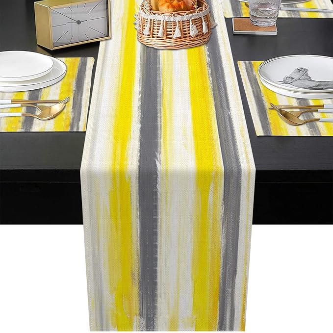 Emvency Table Runner and Placemats Set of 6, Abstract Watercolor Yellow | Grey - Image 5