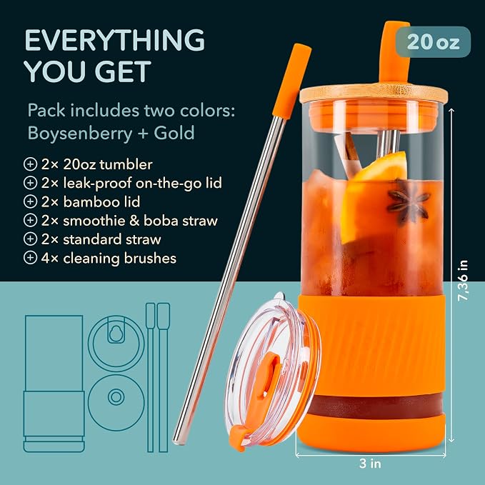Pandaloo® Glass Cups With Lids and Straws -20 Fl Oz- Perfect Size Iced Coffee - Image 2