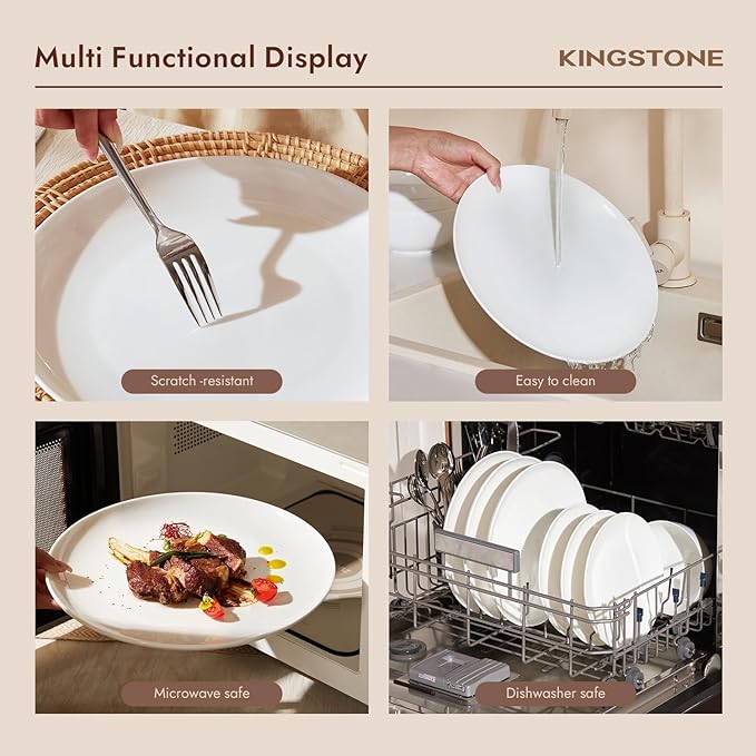 KINGSTONE Bone China Dinnerware Set for 4 with 20 Piece Silverware Set for 4, Dishwasher Safe, Tableware for Daily Use with Elegant Design
