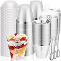 Jinei 50 Sets 9 oz Silver Plastic Dessert Cups with Dome Lids Spoons Rimmed Clear Disposable Plastic Fruit Cups with Lids for Yogurt Parfait Pudding Cupcake Ice Cream Party Wedding Reception