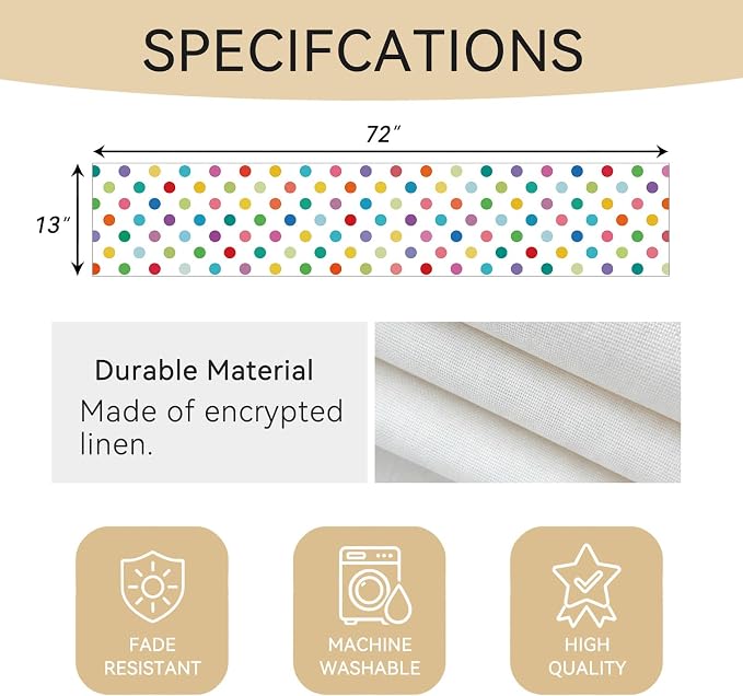 Colorful Polka Dot Table Runner, 13x72 Inch Rainbow Dot Dining Table Decor | - Image 3