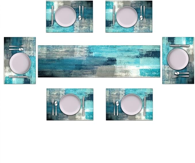 Turquoise Abstract Modern Table Runner and Placemats Set of 6 | Long Teal Blue - Image 2